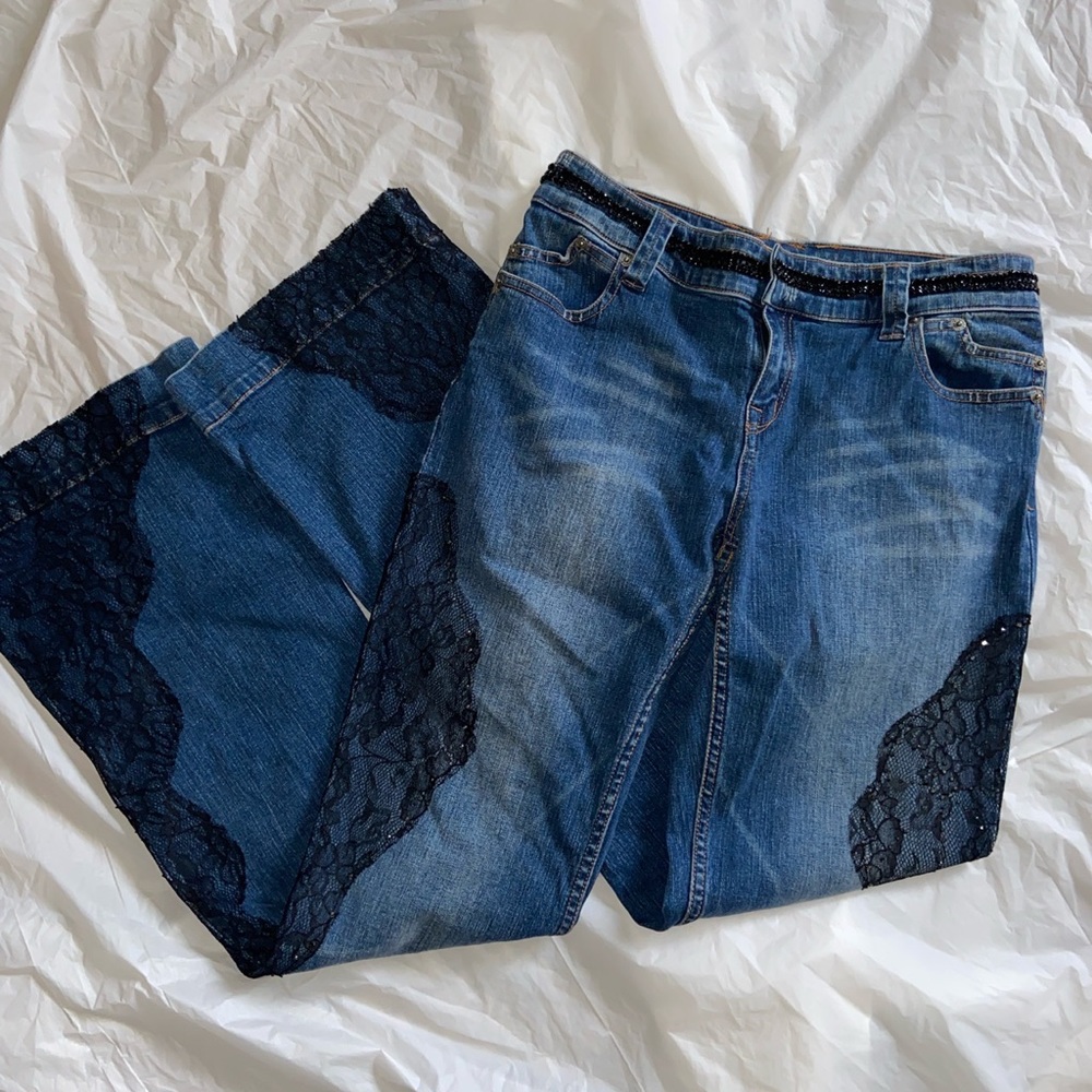 Dark Wash Lace Sequined Mid Rise Bootcut Jeans